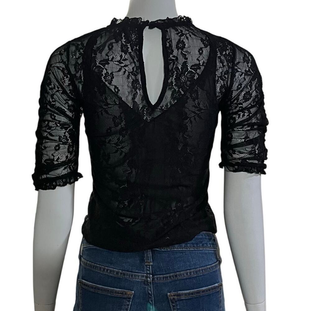 By Anthropologie Womens VNeck Lace Ruched Sleeve Blouse Size Extra Small - Picture 3 of 10